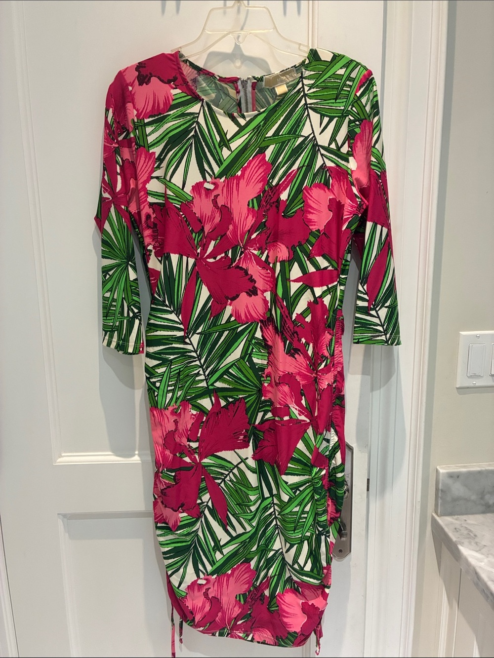 MICHAEL MICHAEL KORS Tropical Palm Floral Ruched Side Bodycon Dress Size 14 ⭐️